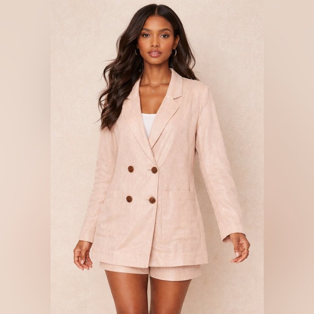 Anthropologie Amadi Blush Linen Cotton Blend Blazer XL Double Breasted Shimmer